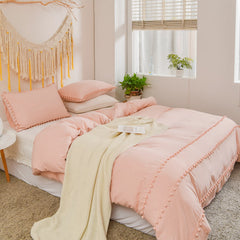 Luxury Cotton Satin Pom Fringe Duvet Cover Set- Dusty Pink - 99 Bedding Store