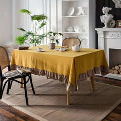 Decorative Cotton Tablecloth - Yellow With Beige Frilled Bordered