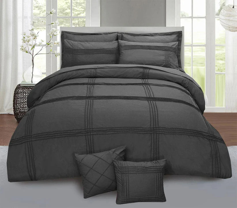 Square Pleated Cotton Quilt Cover Set - Charcoal