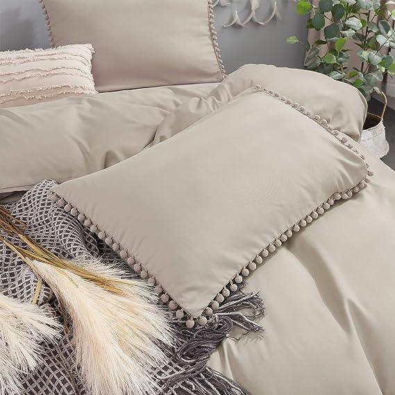 Luxury Cotton Satin Pom Fringe Duvet Cover Set-Beige - 99 Bedding Store