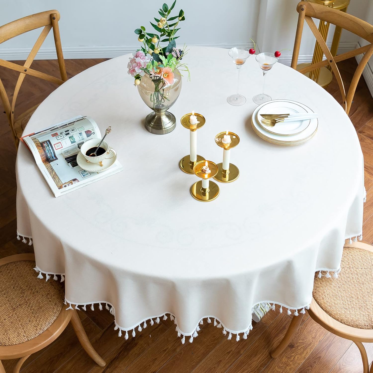 Cotton Satin Decorative Round Tablecloth With Tesals- Off White