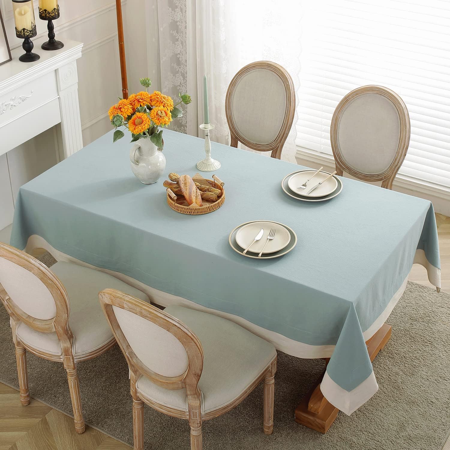 Decorative Tablecloth - Sea Blue With White Bordered - 99 Bedding Store