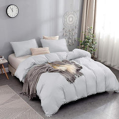 Luxury Cotton Satin Pom Fringe Duvet Cover Set - Silver - 99 Bedding Store