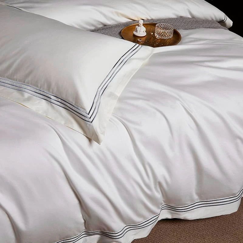 Embroidered Cotton Satin Luxury Baratta Stitch Tetra Line Duvet Set-Dove White - 99 Bedding Store