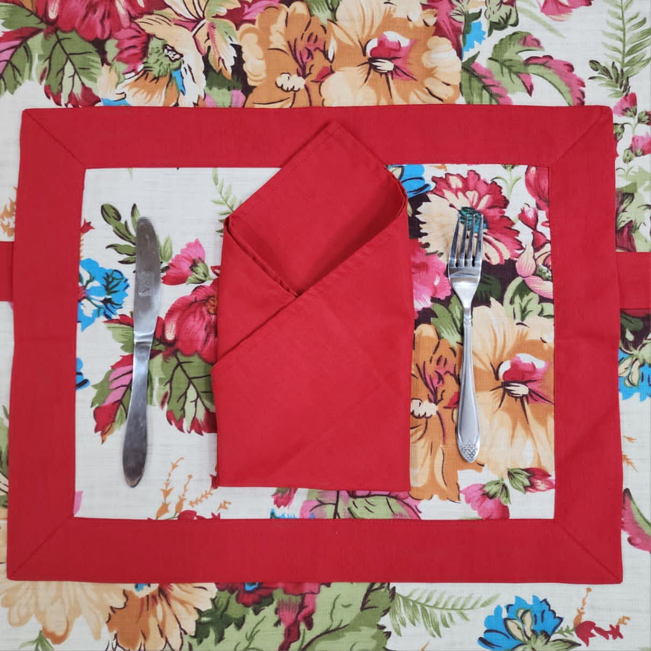 Red Bordered Printed Cotton Reversable Dinning Set - Rosewood Flowral