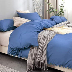 Luxury Cotton Satin Pom Fringe Duvet Cover Set - Blue - 99 Bedding Store