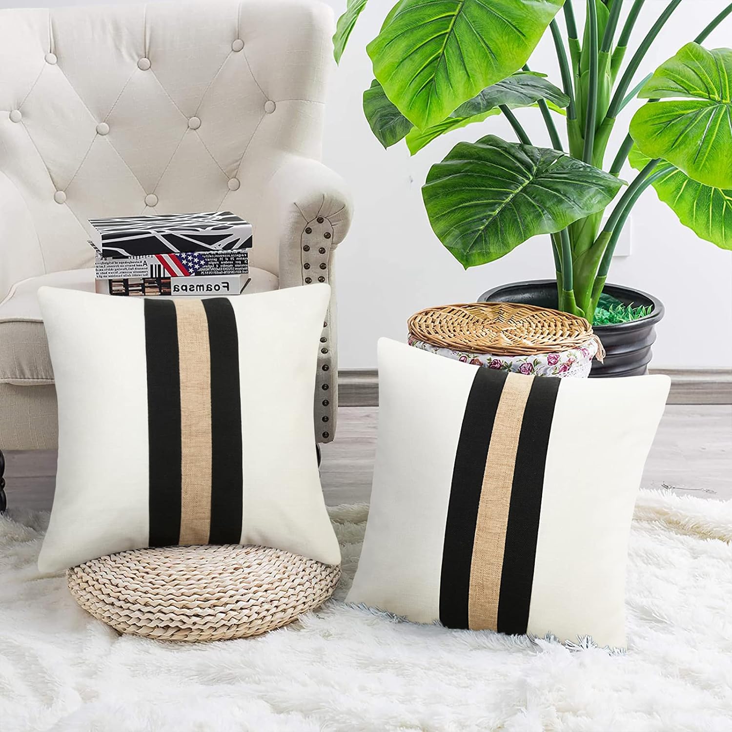 Pack of 2 Boho Modern Accent Jute Striped Cushion Cover Black and Beige Strip - 99 Bedding Store