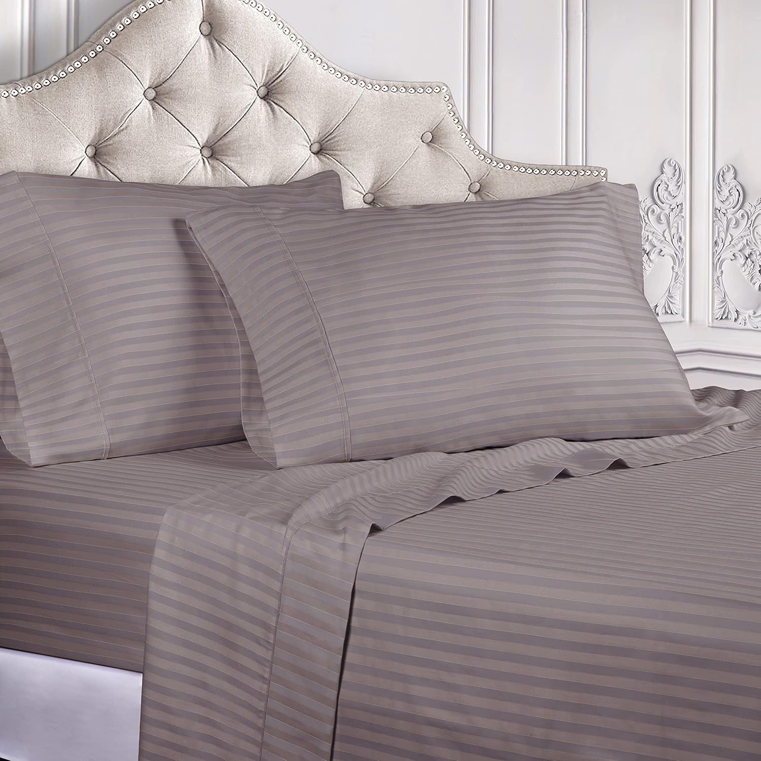 Luxury Satin Stripe 400 tc Fitted sheet set Grey