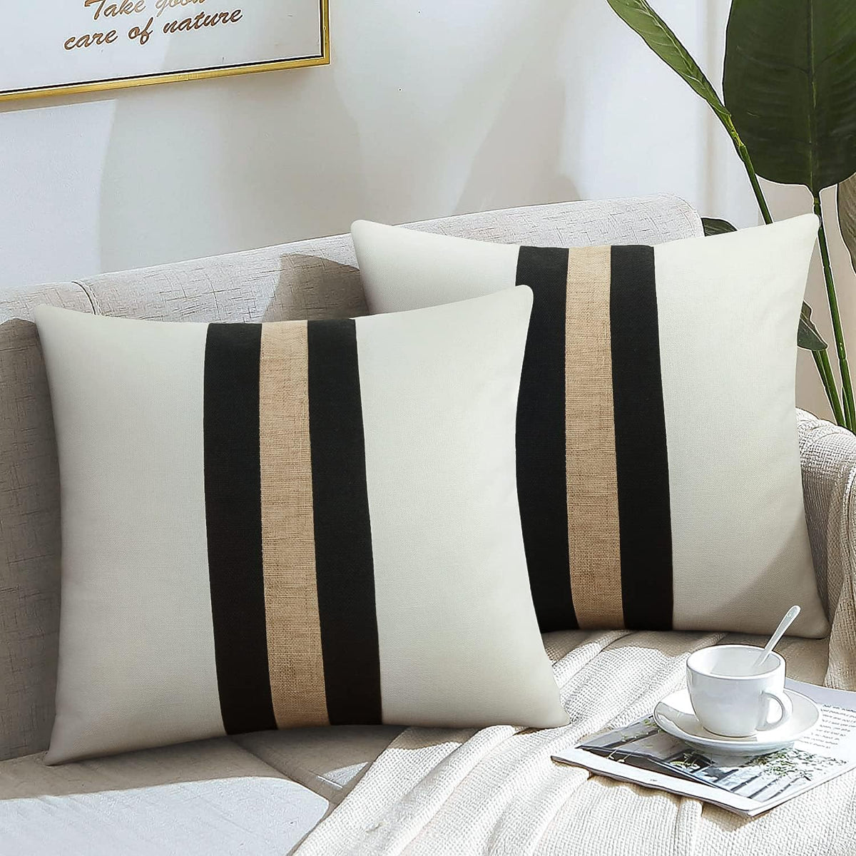 Pack of 2 Boho Modern Accent Jute Striped Cushion Cover Black and Beige Strip - 99 Bedding Store