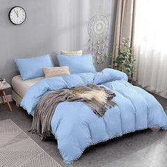 Luxury Cotton Satin Pom Fringe Duvet Cover Set-Sky Blue - 99 Bedding Store