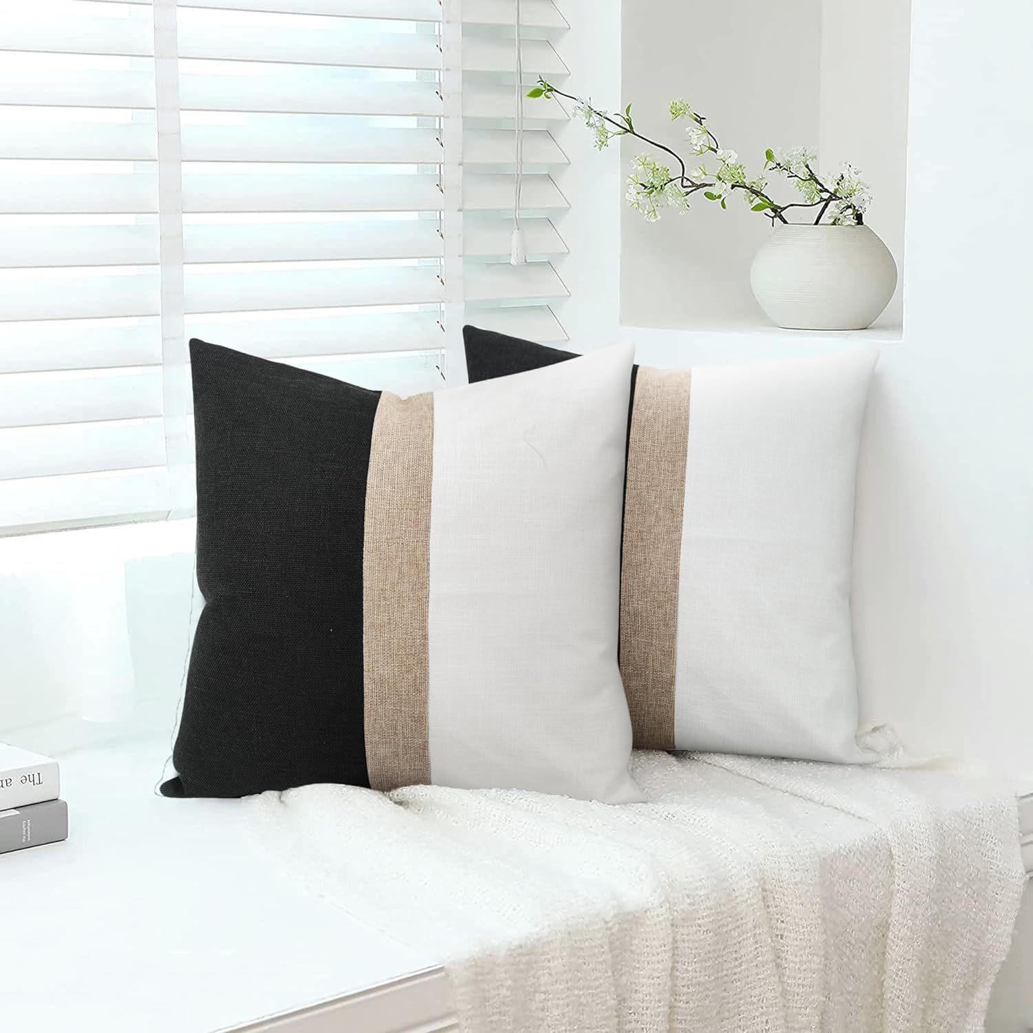 JASEN Beige Strip Black and White Decorative Jute Cushion Cover - 99 Bedding Store