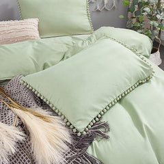 Luxury Cotton Satin Pom Fringe Duvet Cover Set - Sage - 99 Bedding Store