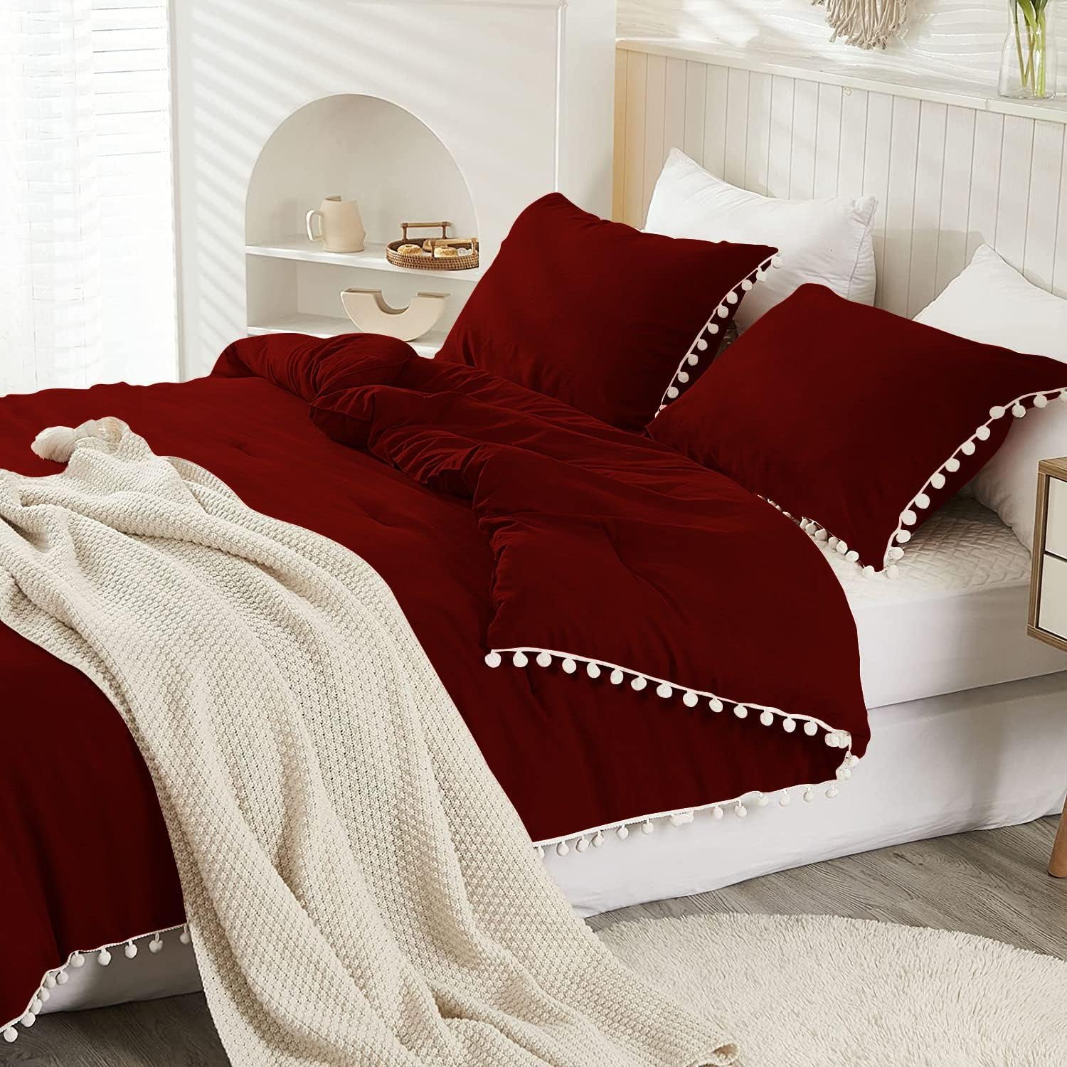 Luxury Cotton Satin Pom Fringe Duvet Cover Set-Burgundy - 99 Bedding Store