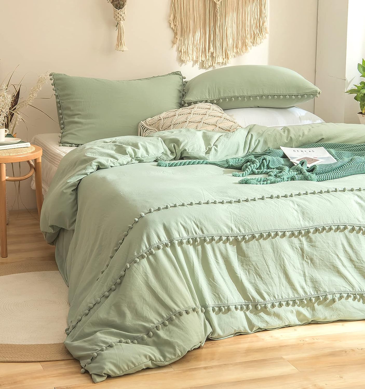 Luxury Cotton Satin Pom Fringe Duvet Cover Set- Light Green - 99 Bedding Store