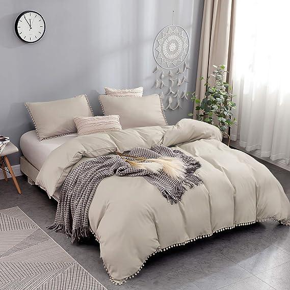 Luxury Cotton Satin Pom Fringe Duvet Cover Set-Beige - 99 Bedding Store