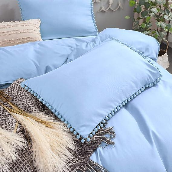 Luxury Cotton Satin Pom Fringe Duvet Cover Set-Sky Blue - 99 Bedding Store