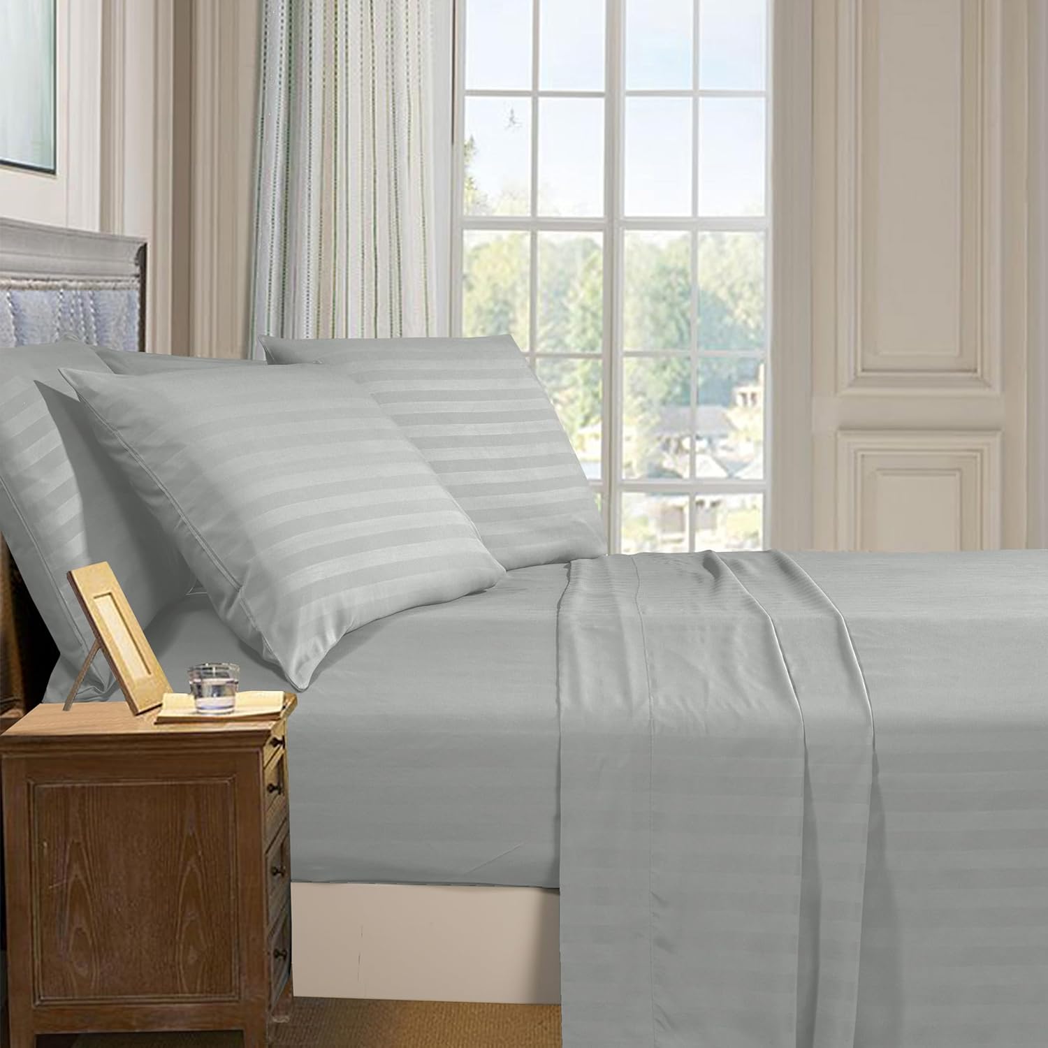 Luxury Satin Stripe 400 tc Fitted sheet set Grey