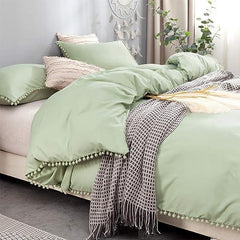 Luxury Cotton Satin Pom Fringe Duvet Cover Set - Sage - 99 Bedding Store