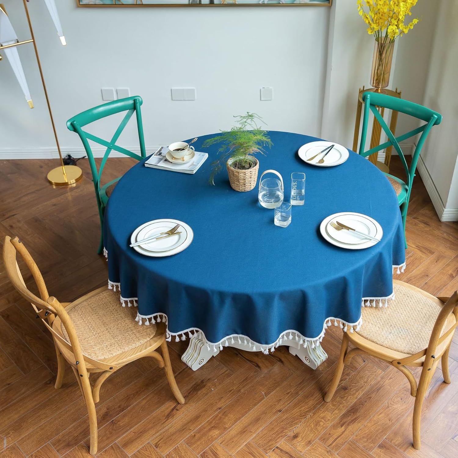 Cotton Satin Decorative Round Tablecloth With Tesals- Dark Blue