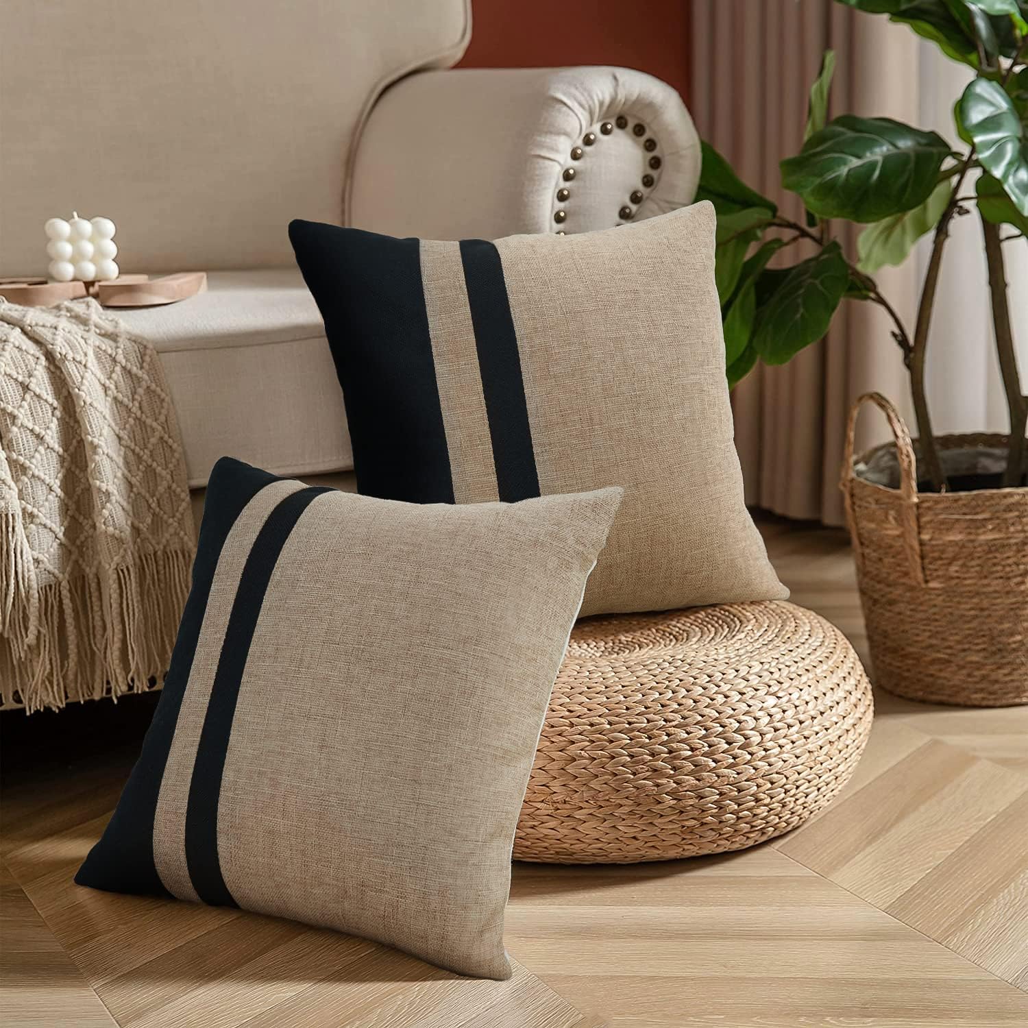 Set of 2 Black and Beige Farmhouse Jute Cushion Cover - 99 Bedding Store