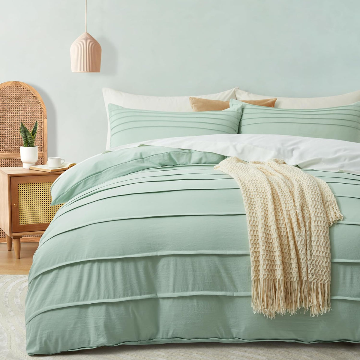 Luxury Coton Pleats Duvet Cover Set - Sage Green