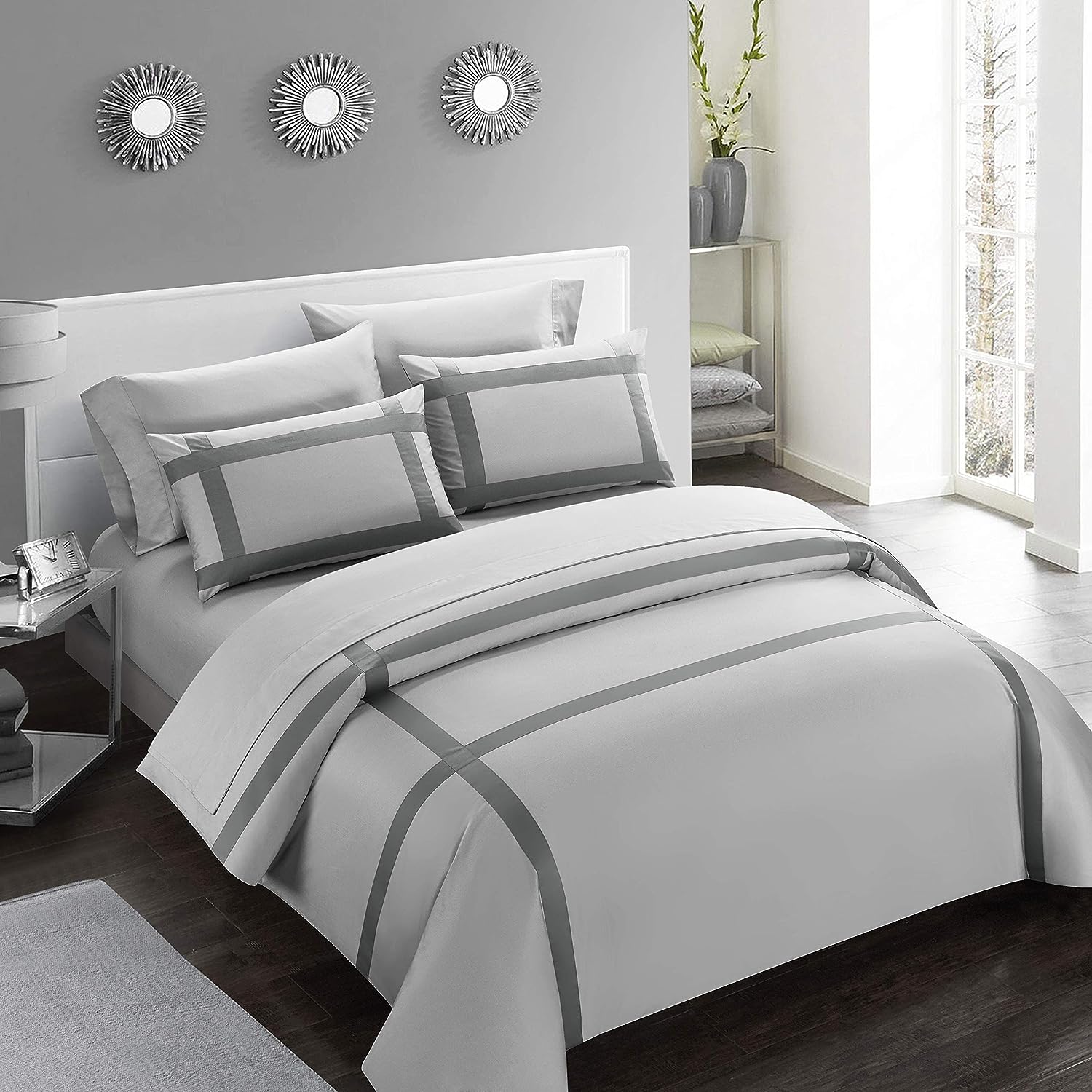 Luxury Multi Box Egyptian Cotton Duvet Set - Silver With Grey Strip - 99 Bedding Store