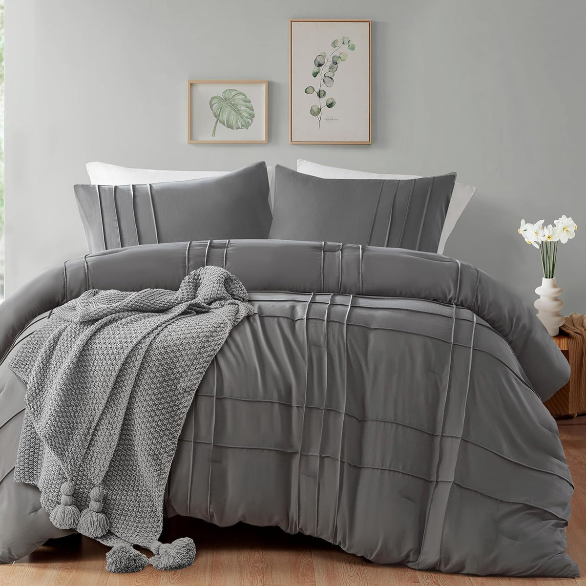 Luxury Coton Box Pleats Duvet Cover Set - Dark Grey