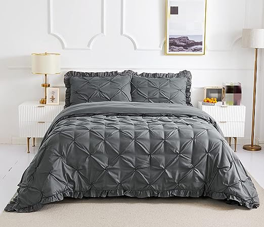 Luxury Satin Pintuck Duvet Cover Set - Charcoal Grey - 99 Bedding Store