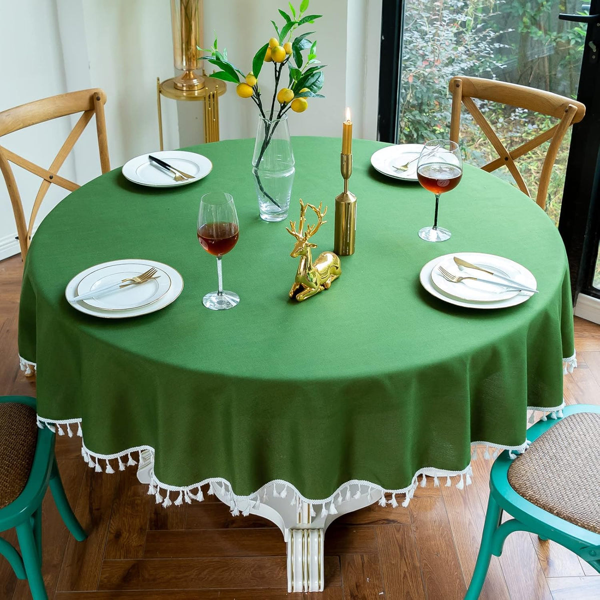 Cotton Satin Decorative Round Tablecloth With Tesals- Dark Green