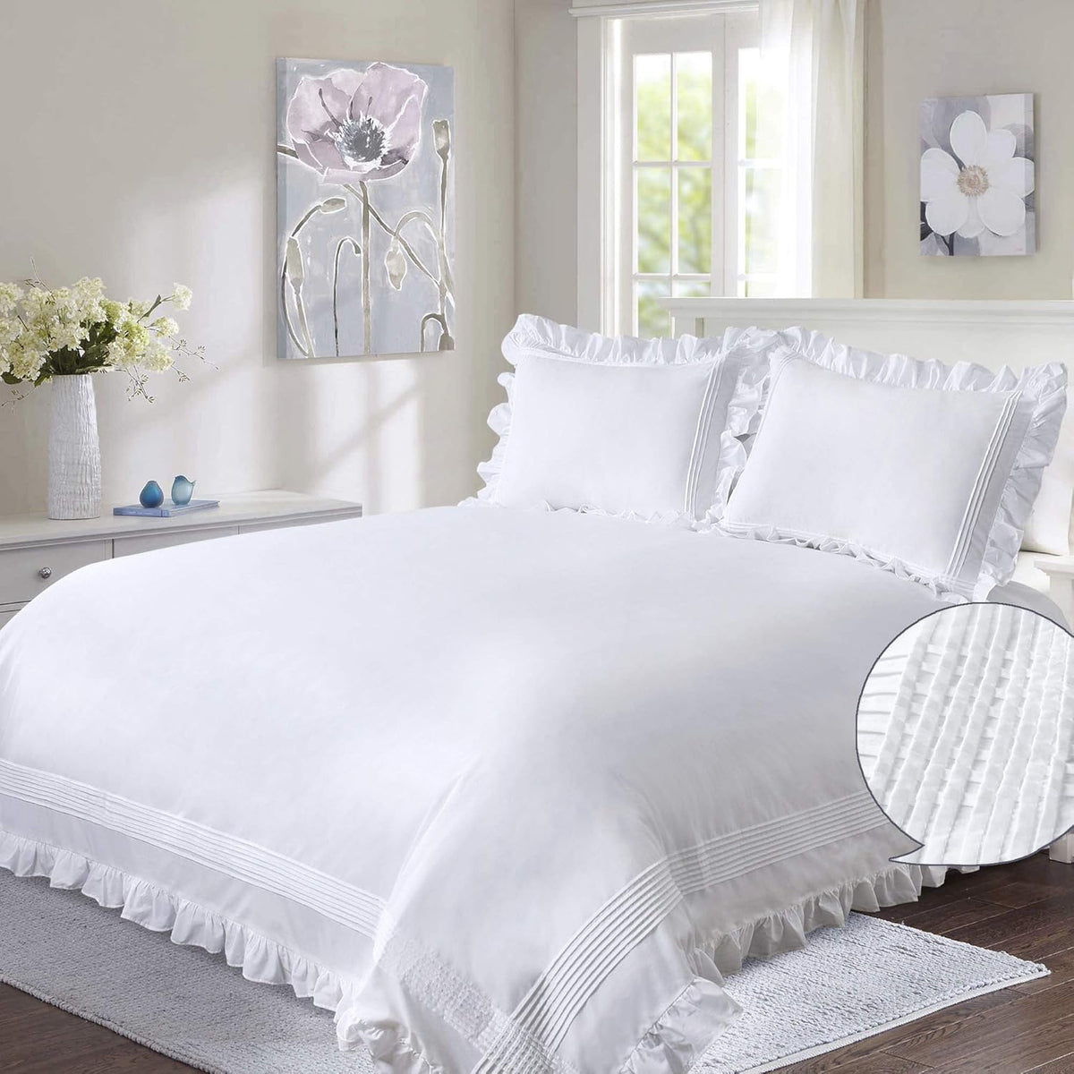 Luxury Satin 400 Tc Ruffle With Pleated Duvet Cover White