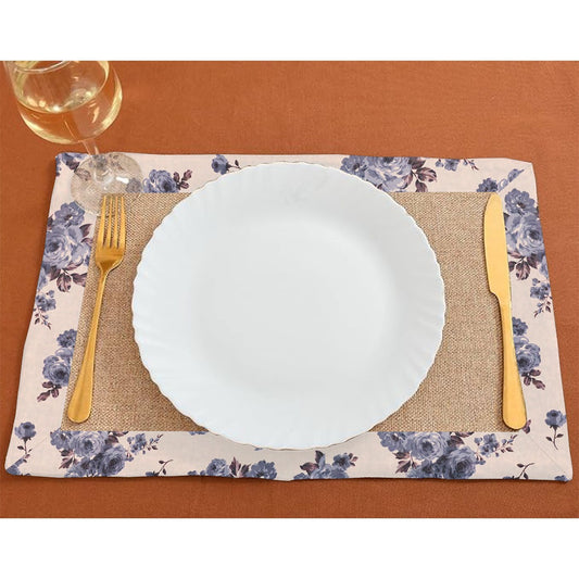 Jute Table Mat Set With border - Rose Garden Blue