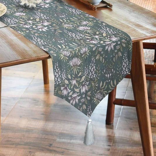 Durable Cotton Duck Printed Table Runner With Tesals -Green Garden