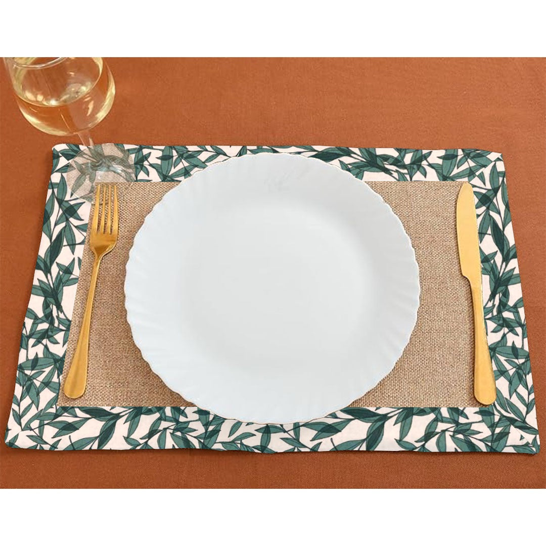 Jute Table Mat Set With border - Green Leaf