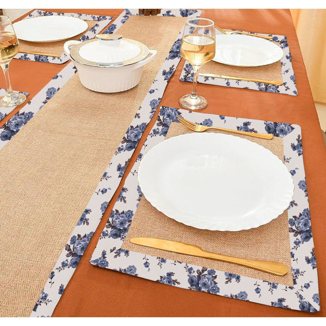 Jute Dinning Set With Border- Rose Garden Blue