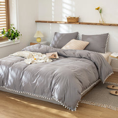 Cotton Duvet Cover Set With Pom Poms  -