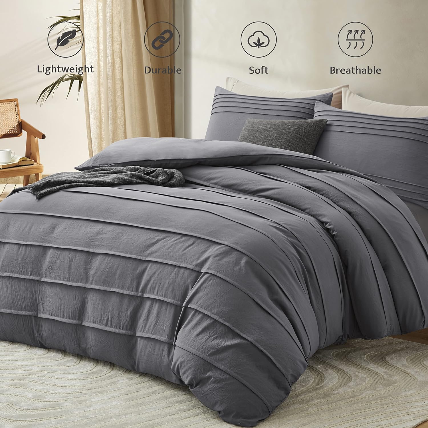 Luxury Coton Pleats Duvet Cover Set - Dark Grey