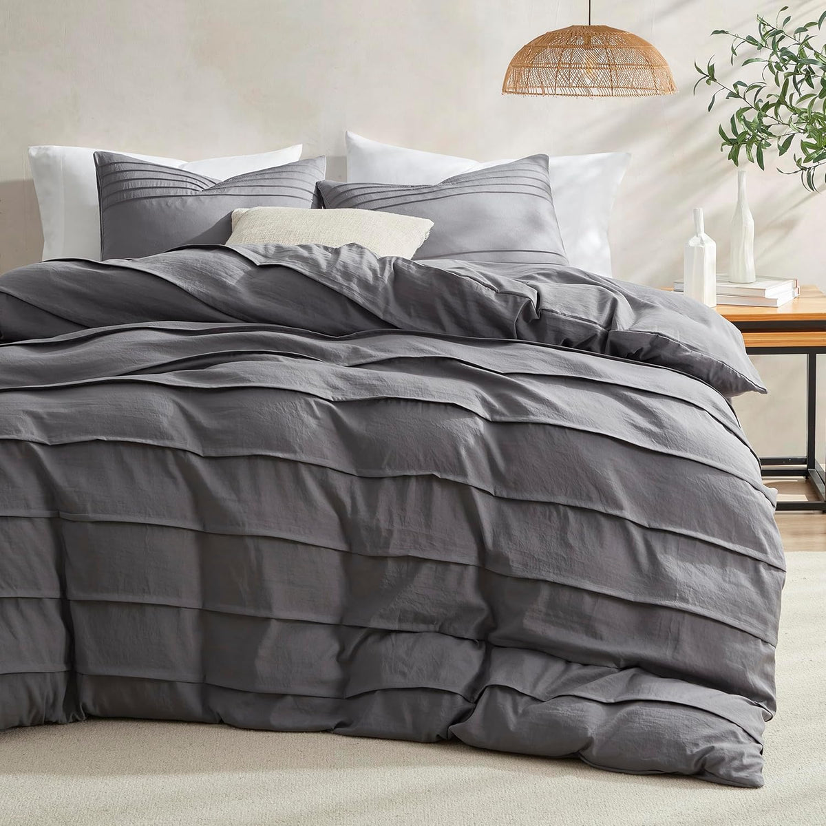 Luxury Coton Pleats Duvet Cover Set - Dark Grey