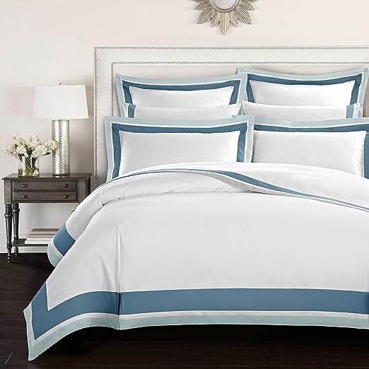 White And Aqua Bordered Luxury Egyptian Cotton Duvet Set - 99 Bedding Store