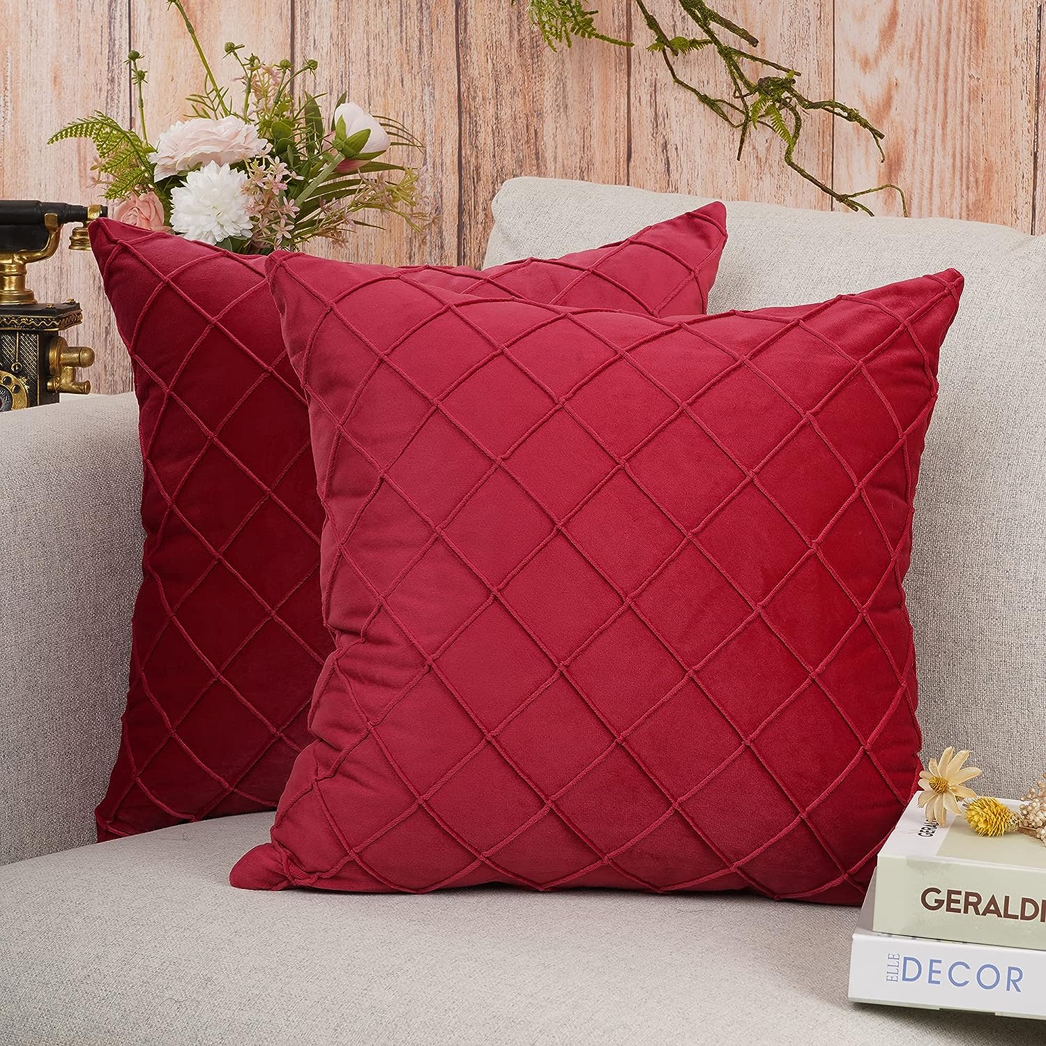 Pack of 2 Velvet Decorative Pin Pleated Square Cushions - 99 Bedding Store