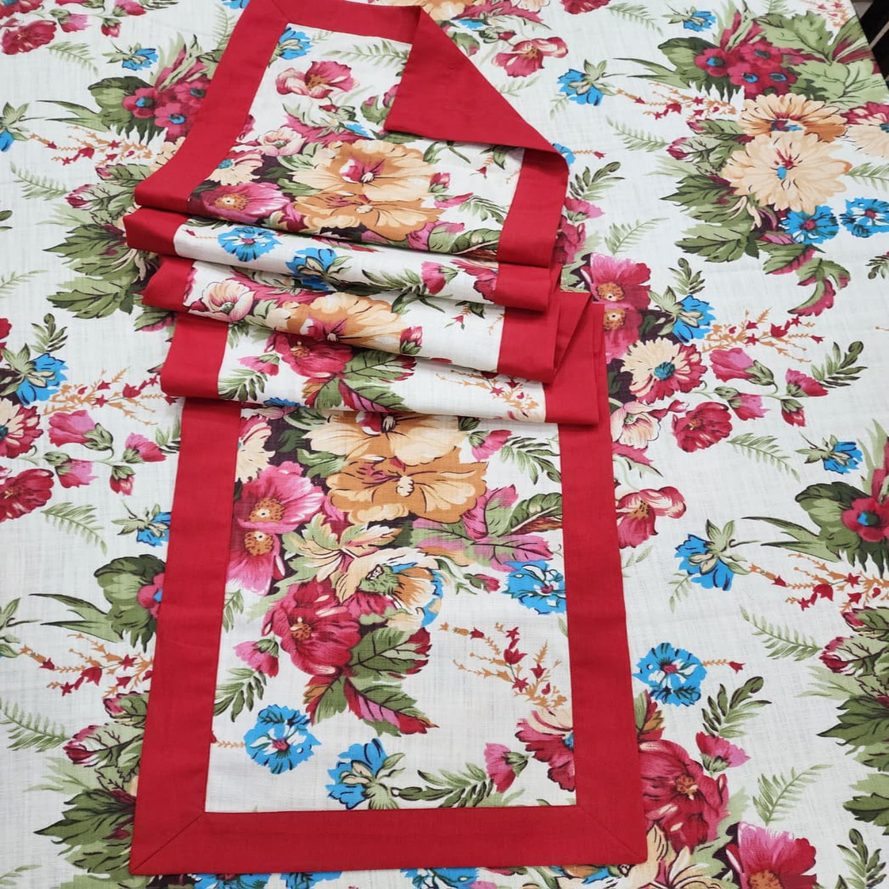 Red Bordered Printed Cotton Reversable Dinning Set - Rosewood Flowral
