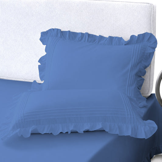 Cotton Fitted Sheet With Frilled Pillow Cover- Blue
