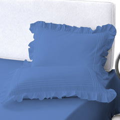 Cotton Fitted Sheet With Frilled Pillow Cover- Blue
