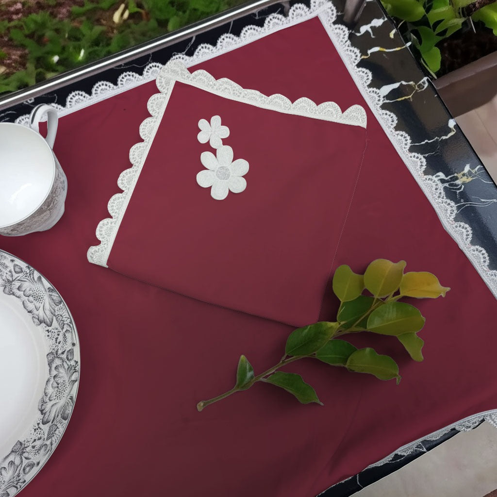 9 PCS TROLLEY MAT AND NAPKIN SET WITH LACE -BURGUNDY