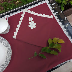 9 PCS TROLLEY MAT AND NAPKIN SET WITH LACE -BURGUNDY