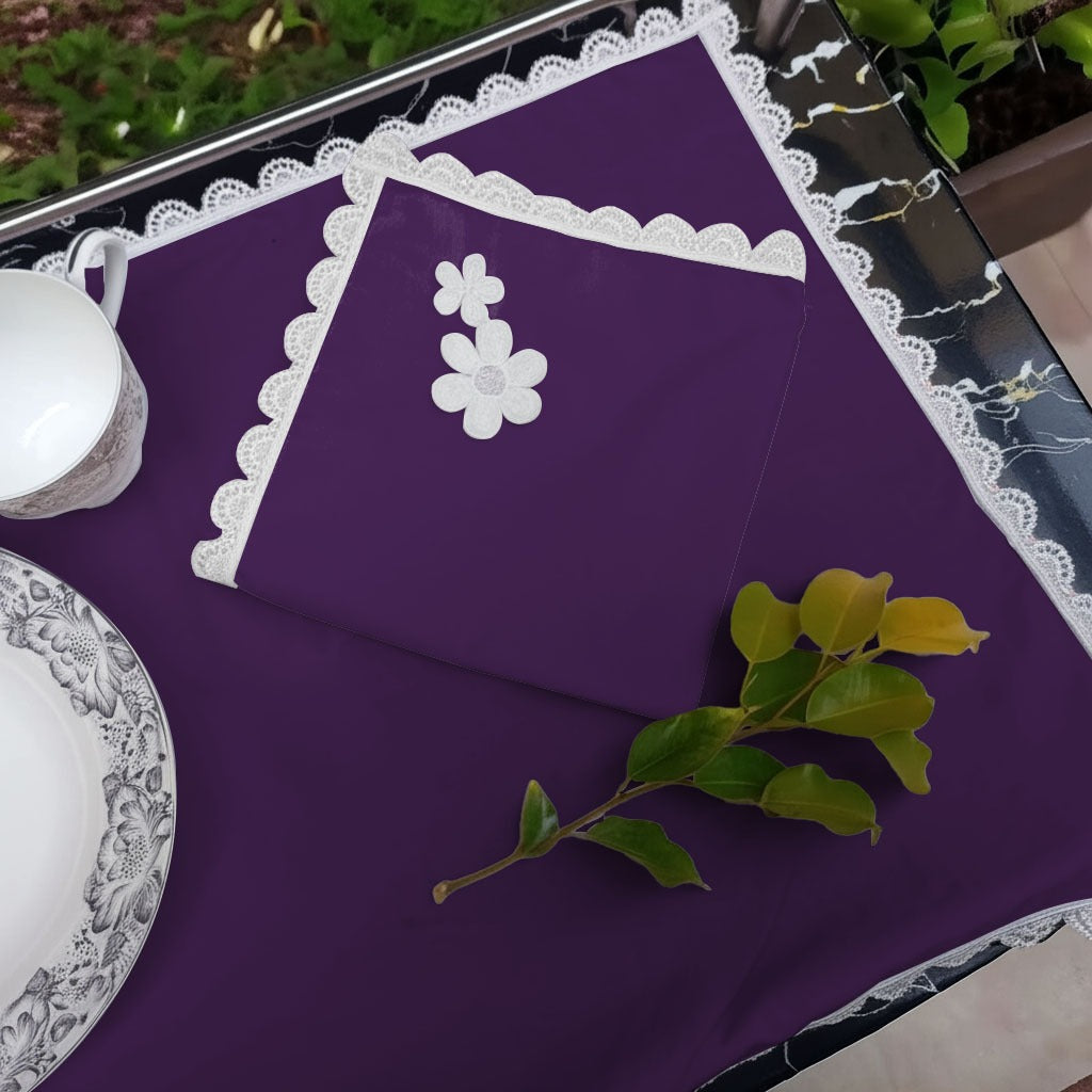 9 PCS TROLLEY MAT AND NAPKIN SET WITH LACE -DARK PURPLE