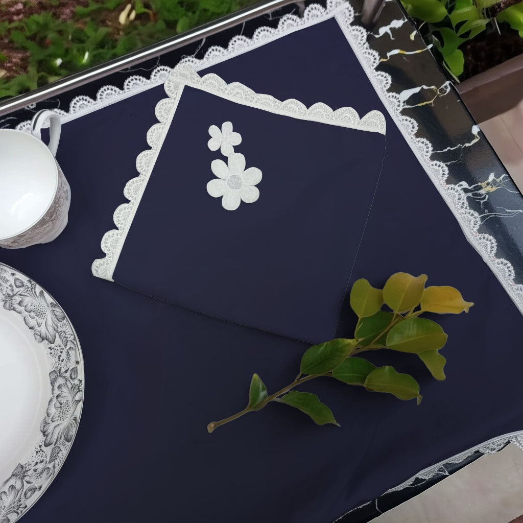 9 PCS TROLLEY MAT AND NAPKIN SET WITH LACE -NAVY BLUE