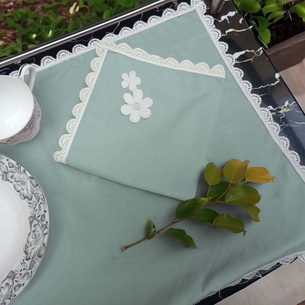 9 PCS TROLLEY MAT AND NAPKIN SET WITH LACE -SEA BLUE