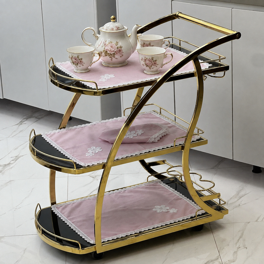 9 PCS TROLLEY MAT AND NAPKIN SET WITH LACE - PINK