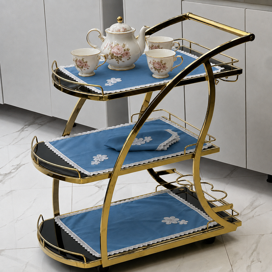 9 PCS TROLLEY MAT AND NAPKIN SET WITH LACE - BLUE