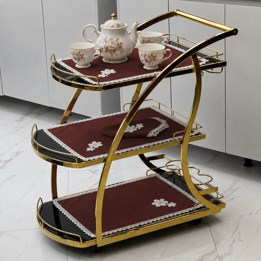 9 PCS TROLLEY MAT AND NAPKIN SET WITH LACE -BROWN